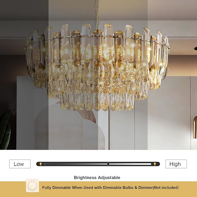 Gold Crystal Chandelier 24" 12-Light 4-Tier K9 Crystal Round Adjustable Pendant Light Modern Crystal Chandeliers for Dining Room Living Room Kitchen Island Bedroom Foyer Entryway