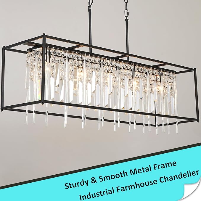 Modern Rectangle Black Crystal Chandeliers for Dining Room, 40" Rectangular Farmhouse Chandelier Top K9 Crystal Linear Light Fixture Lighting for Kitchen Island, Living Room L40xW12xH11