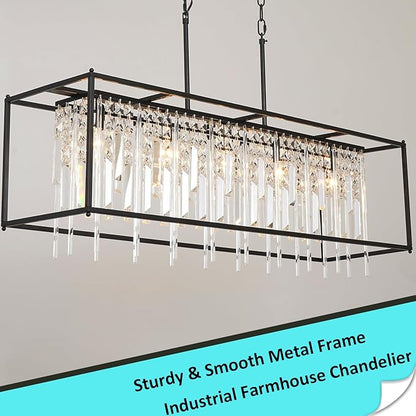 Modern Rectangle Black Crystal Chandeliers for Dining Room, 40" Rectangular Farmhouse Chandelier Top K9 Crystal Linear Light Fixture Lighting for Kitchen Island, Living Room L40xW12xH11