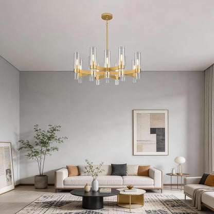 12 Light Gold Chandeliers for Dining Room Light Fixture, Modern Farmhouse Chandelier Over Table, Kitchen Hanging Lighting with Clear Glass Cover for Living Dining Room Kitchen Bedroom Foyer 34"