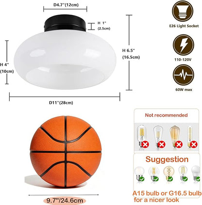 Black Semi Flush Mount Ceiling Light Mid Century Modern Entryway Light Fixture 11” Glass Globe Flush Mount Light Fixture for Hallway Kitchen Bedroom Closet