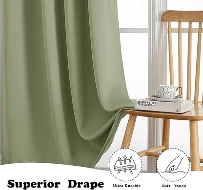 Simplebrand Sage Green Room Darkening Curtains for Bedroom 63 Inch Length 2 Panels Set, Thermal Insulated Energy Saving Curtains for Kids Room, Grommet Solid Nursery Window Treatment Drapes, W40 x L63