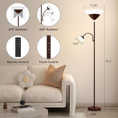 SIBRILLE 2-in-1 Torchiere Floor Lamp, 34W Super Bright LED Standing Lamp with Remote & Touch Control, 72" Dimmable Adjustable Corner Reading Lamp for Living Room, Bedroom, Office, Brown