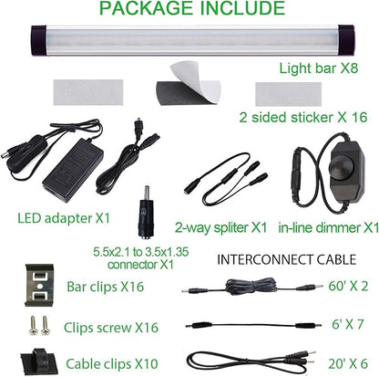 AIBOO LED Under Cabinet Lighting Kit, Plug in Strip Lights with Dimmer Switch for Kitchen Cabinet Counter, Closet, Bedroom Lighting（24w-8 Bars kit-2700K)