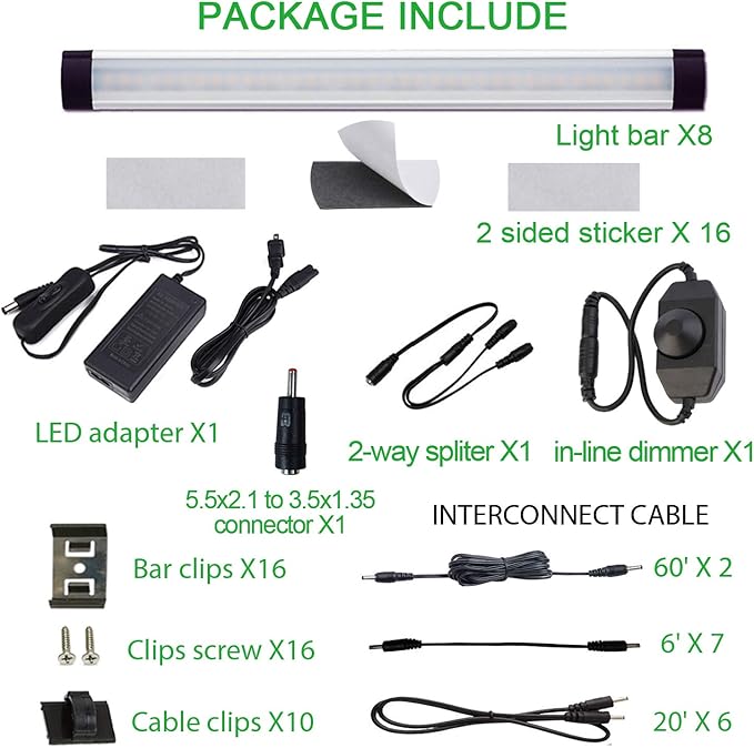 AIBOO LED Under Cabinet lighting Kit, Plug in Strip Lights with Dimmer Switch for Kitchen Cabinet Counter, Closet, bedroom lighting.（24w-8 bars kit-6000K）