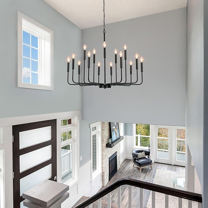 Black Chandeliers for Dining Room Light Fixture Over Table, Modern Farmhouse Chandeliers for Living Room,15-Lights Industrial Metal Candle Lighting Fixtures for Entryway Kitchen Island Foyer