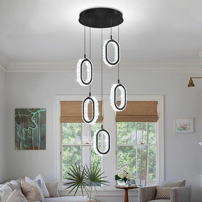 Crystal Rings Chandelier for Living Room, Dimmable Led Black Crystal Ring Chandelier High Ceiling 5-Light Oval Ring Pendant Light for Dining,Hallway, Entryway,Bedroom