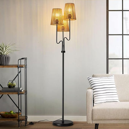 Boho Floor Lamp, 68in. Rattan Floor Lamps with Rattan Shade,3 Light Tree Standing Lamp for Bedroom,Nursery,E26 Socket, Living Room Floor Lamp for Rustic,Coastal, Beach or Bohemian Decor (Black)