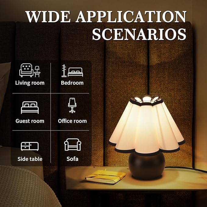 Matte Black Small Bedside Mini Table Lamp for Bedroom, Cute Bedroom Lamps for Nightstand, Cute Mini Table Lamps for Small Spaces with Scalloped Shade for Kitchen Counter, Bookshelf, Kids Dorm, Office