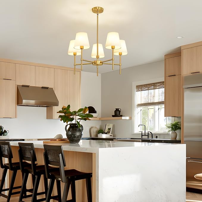 RUIYEY Dining Room Chandeliers Light - 5-Light Gold Modern Chandeliers Light Fixtures with White Fabric Shade, Height Adjustable Pendant Island Light for Entryway Farmhouse