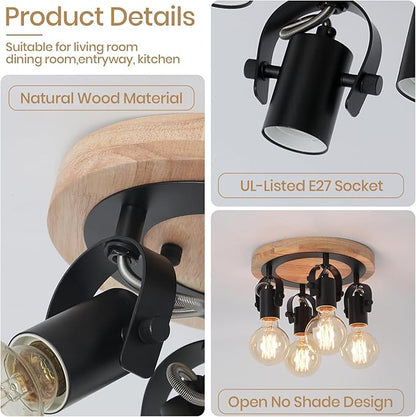 4-Light Round Flush Mount Ceiling Light，Adjustable Farmhouse Kitchen Track Light with Wood Base, Multi-Directional Dining Room Light for Island Hallway Entryway Bedroom.