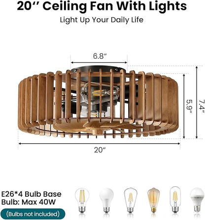20'' Flush Mount Caged Ceiling Fan with Light, Wooden Low Profile Ceiling Fan with Light and Remote, 6 Speed and Reversible, Farmhouse Enclosed Fan Lights for Bedroom, Dining Room