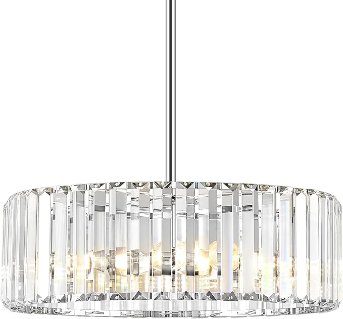 YURNYQ Chrome Crystal Chandelier for Dining Room, 4-Light Modern Semi Flush Mount Chandelier Lighting Fixtures, Round Kitchen Hanging Drum Pendant Lights Ceiling for Bedroom Entryway Foyer, 15 Inch
