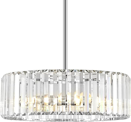 YURNYQ Chrome Crystal Chandelier for Dining Room, 4-Light Modern Semi Flush Mount Chandelier Lighting Fixtures, Round Kitchen Hanging Drum Pendant Lights Ceiling for Bedroom Entryway Foyer, 15 Inch