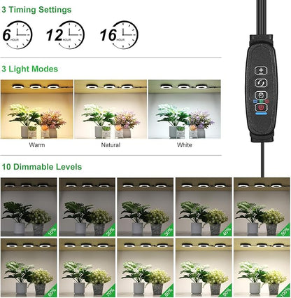 Full Spectrum Grow Light for Indoor Plants, Warm White 3 Head Black Angel Ring Ceiling and Under Cabinet Plant Lamp with 6/12/16H Timer, 10 Dimmable Levels and 3 Modes