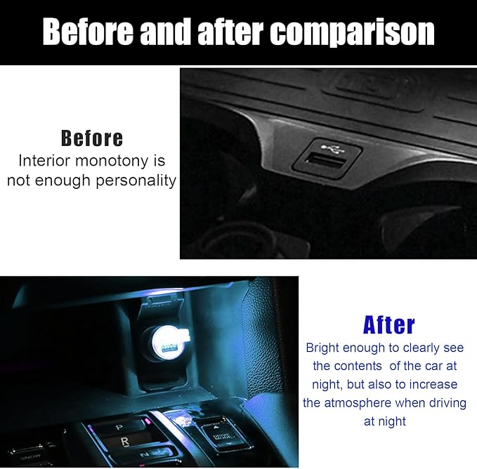 4 PCS USB LED Car Interior Atmosphere Lamp, Portable Mini LED Night Light, Plug-in USB Interface Trunk Ambient Lighting Kit, Universal Interior Car Accessories (Blue+Red+Ice Blue+White)