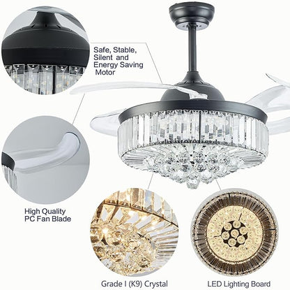 DuMaiWay 48" Dimmable Crystal Ceiling Fan Chandelier with Remote 6 Speeds, 4 Blades Retractable Fans for Bedroom Living Room Dining Room-Black