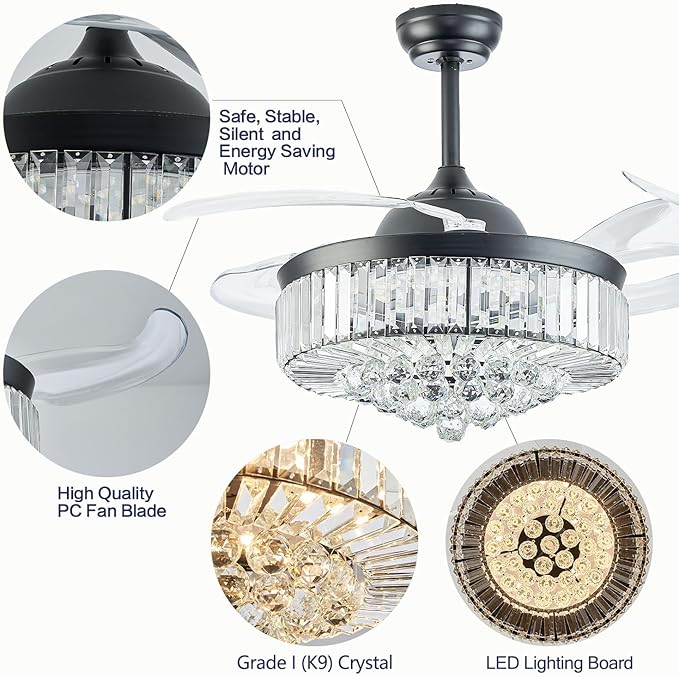 DuMaiWay Dimmable Fandelier Crystal Ceiling Fan with Light and Remote Modern Chandelier Ceiling Fan with 4 Retractable Blades for Living Room, Bedroom, Dining Room-Black 36 Inches