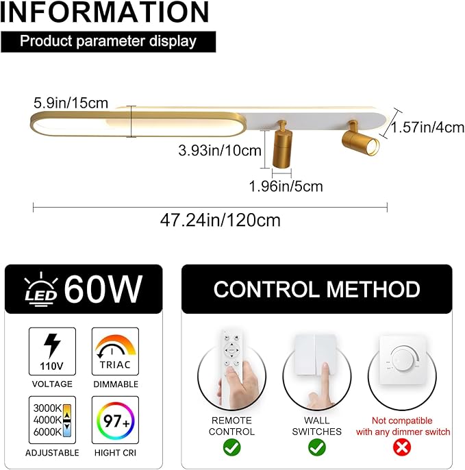 Modern LED Ceiling Light 47.2 Inch Linear Ceiling Lights with Remote Control Adjustable Light 3000K/4500k/6000K Gold Long Ceiling lamp for Living Room Kitchens Bedroom Dining Rooms Office