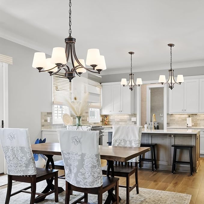 3 Light Farmhouse Chandelier with Milk White Frosted Glass Shades Black Dining Room Light Adjustable Height Ceiling Hanging Light Fixtures for Dinner Table, Kitchen Island, Entryway