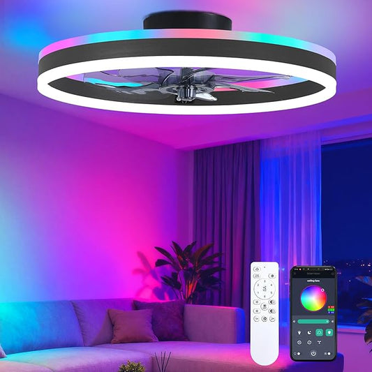 RGB Ceiling Fans with Lights, 20" Fandelier Low Profile Ceiling Fan with Light, Modern Flush Mount Ceiling Fan Light with Remote/APP Control, Bedroom Chandelier Fan Fixture for Indoor(Black)