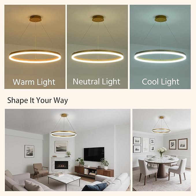 Modern LED Chandelier Gold High Ceiling Ring Chandeliers with Remote Control Circular Pendant Light Dimmable for Dining Room Living Room Bedroom Hallway Kitchen Island(3000K-6500K D23.6)