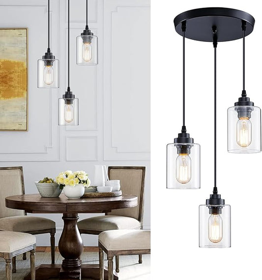 SKEJAO 3-Light Pendant Lighting,3 Pendant Light Fixture for Kitchen Island,Dining Lamp Ceiling Hanging,with Adjustable Cord and Glass Shade for Farmhouse Living Dining Room Bar,Black
