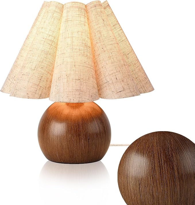Wood Grain Touch Control Table Lamp for Bedroom,Farmhouse Cute Small Table Lamp for Bedroom Nightstand, Mini Vintage Bedside Lamps with Scalloped Shade for Small Spaces, Kitchen Counter, Bookshelf