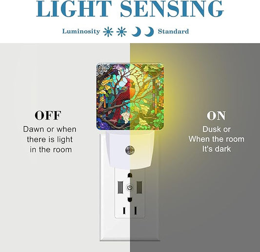 Plug in Night Lights Christmas Stained Glass Cardinal Bird Nightlight Plug Into Wall Dusk to Dawn Sensor LED Night Light for Kid Girls Boys Room Decor,Hallway,Kitchen,Bathroom,Nursery,Stairs