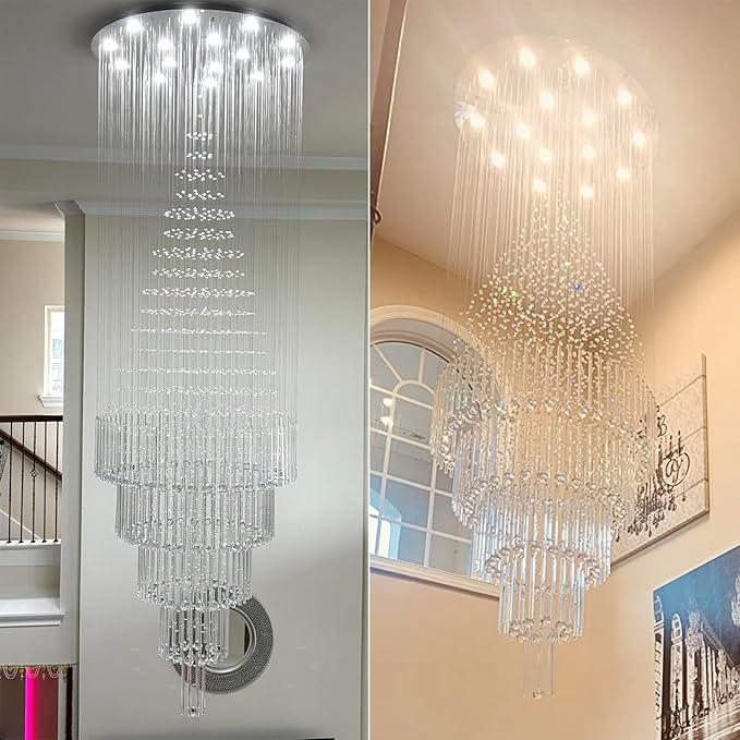Flashing God D40''x H110'' Modern Crystal Chandelier LED Dimmable Large Raindrop Chandeliers High Ceiling Light for Foyer Stairwell Entryway Living Room Silver