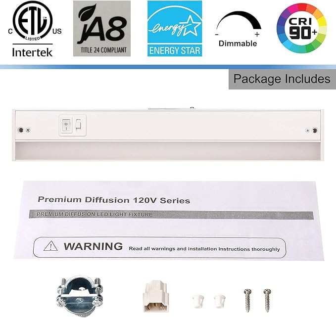 3 Color Level Dimmable LED Under Cabinet Task Lighting with ETL Listed, 3000K/3500K/4000K, Hardwired or Plugged-in, 16 inch 120V 10W 650 Lm, White Finished