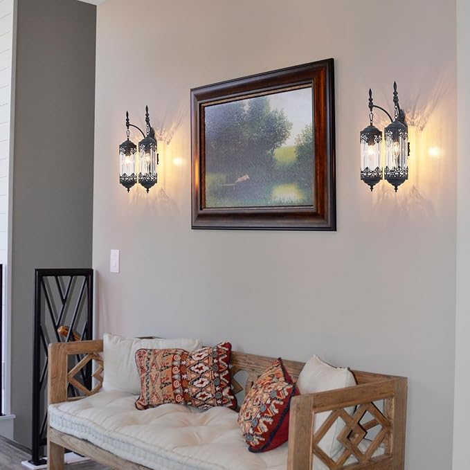 Rustic Glass Wall Sconce Vintage Antique Gothic Wall Light Fixture Retro Farmhouse Mid Centry Lantern Wall Sconce for Bedroom, Living Room, Mirror, Black