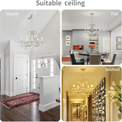 WUZUPS Crystal 5-Light Candle Chandelier Pendant Flushmount Ceiling Light Modern Lighting Fixture for Bedroom Hallway Bar Kitchen Bathroom, H 20.9" x W 21.7", Brushed Nickel, E12 Base