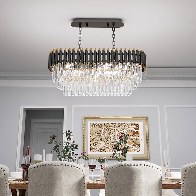 31.5" 8-Light Modern Black Gold K9 Crystal Chandelier, Luxury Rectangular Raindrop Pendant Light with Adjustable Chain, Hanging Chandeliers for Dining Room, Kitchen Island, Living Room