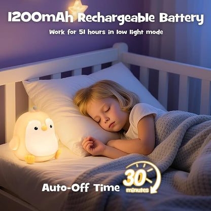 Squishy Penguin Night Light with RGB Mode Cute Chubby Penguin Light 3 Brightness Adjustable Nursery Breastfeeding Nightlight Rechargeable Silicone Touch Bedside Animal Lamp for Bedroom Dorm Decor