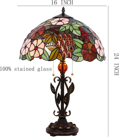 Tiffany Table Lamp Grapes Stained Glass Desk Reading Light 16X16X24 Inch Metal Leaf Base for Bedroom Living Room Home Office
