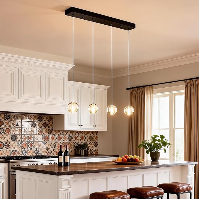 Black Modern 4 Lights Bubble Light Chandelier for Dining Room, Crystal Globe Kitchen Hanging Pendant Light, Rectangular Chandeliers Over Table for Kitchen Island Hallway Bedroom