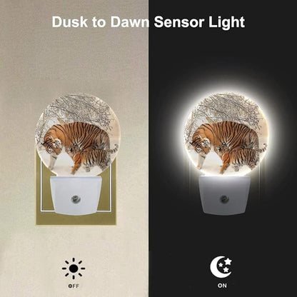 EKOBLA Tiger Plug-in Night Light, Tiger Mother & Cub in Snow LED Nightlight with Dusk to Dawn Sensor for Stairway, Hallway & Kitchen