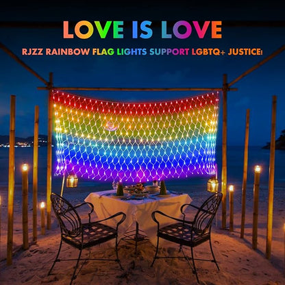 RJZZ Pride Flag Lights Outdoor, 6.6x3.3 FT LGBTQ Pride Decorations Lights for Garden Connectable, 390LED Waterproof Rainbow LED Net Light, Pride Month Decorations for Room, Yard, Party, Office