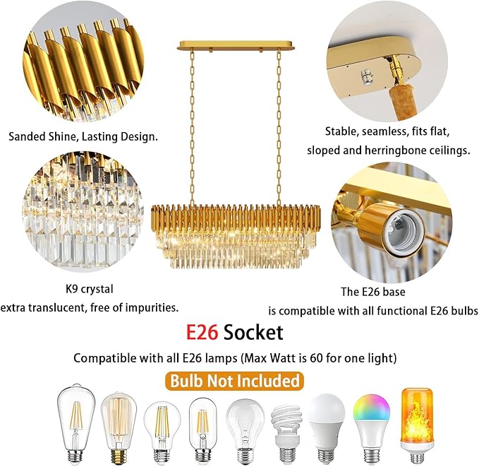 10-Light Modern Gold Crystal Chandelier, Luxury Rectangular Crystal Chandeliers for Dining Room, Kitchen Island, Living Room, Farmhouse Chandelier Lighting