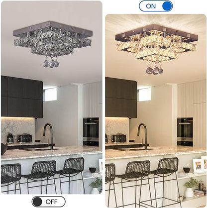 11.8" Modern Crystal Chandelier LED Ceiling Light Fixture Suitable for Kitchen Corridor Hallway Bedroom Bathroom Dining Room 4 Petals/Raindrop Ball Square Wall Switch （Warm Light）