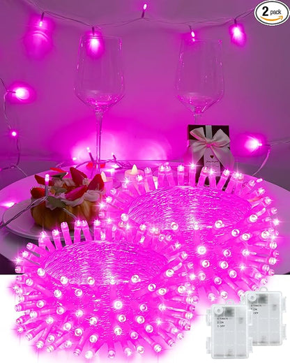 Pink String Lights Battery Operated, Valentine’s Day Lights with Timer Waterproof 16.4ft 50 LED Valentines Decorations for Outdoor Indoor Patio Party Garden Yard Decor 2 Packs