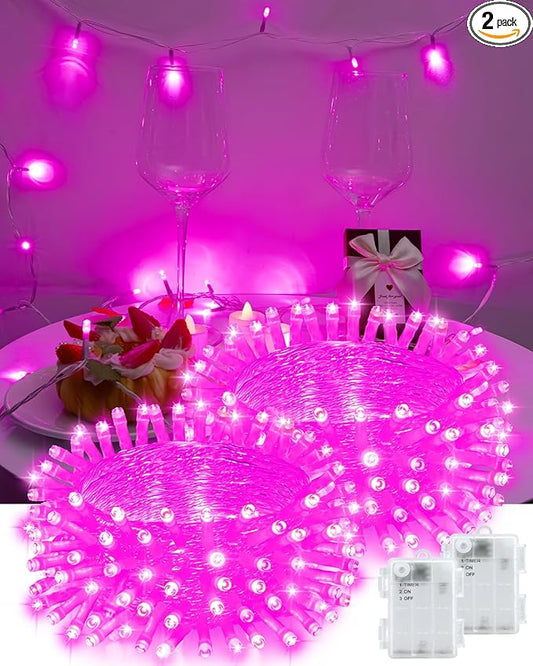 Pink String Lights Battery Operated, Valentine’s Day Lights with Timer Waterproof 16.4ft 50 LED Valentines Decorations for Outdoor Indoor Patio Party Garden Yard Decor 2 Packs