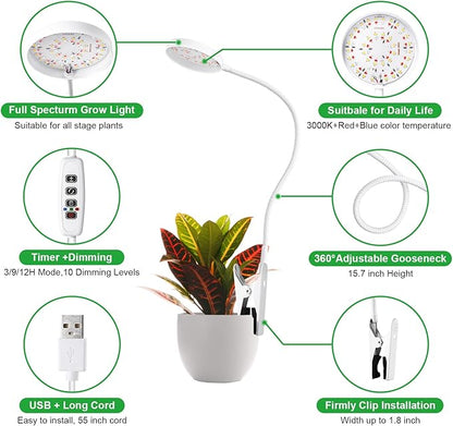 VC.Formark Clip On Plant Grow Lights for Indoor Plants Small Potted - Full Spectrum 3 Modes, 10-Level Dimmer, 3/9/12H Timer & Durable Metal Gooseneck for Succulents,Herbs