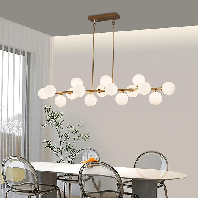 55" Brass Linear Chandelier, 16 Lights Mid Century Modern Sputnik Chandelier, Large Pendant Lights Kitchen Island with White Glass Lampshade, Bubble Chandelier for Kitchen Over Table - Gold