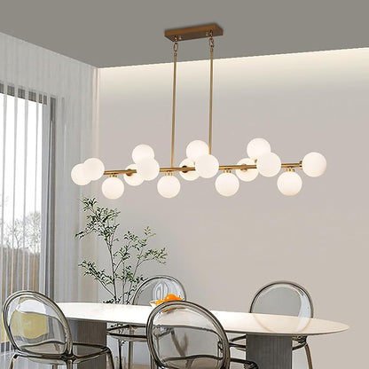 55" Brass Linear Chandelier, 16 Lights Mid Century Modern Sputnik Chandelier, Large Pendant Lights Kitchen Island with White Glass Lampshade, Bubble Chandelier for Kitchen Over Table - Gold
