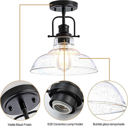 Zlepmlla Flush Mount Ceiling Light Fixture < Bulb NOT Included >, Black Metal Frame Ceiling Light Fixture with Seeded Glass, Farmhouse Light Fixture for Kitchen Island Entryway Porch Foyer