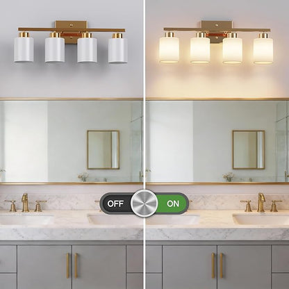 PARTPHONER 4-Light Brushed Gold Bathroom Light Fixtures, Modern Vanity Light Over Mirror Lighting, Wall Sconce with Frosted Milky White Glass Shades for Bedroom Living Room Kitchen Hallway