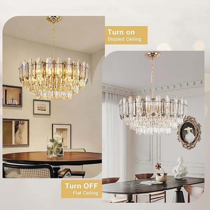 Gold Crystal Chandelier 24" 12-Light 4-Tier K9 Crystal Round Adjustable Pendant Light Modern Crystal Chandeliers for Dining Room Living Room Kitchen Island Bedroom Foyer Entryway