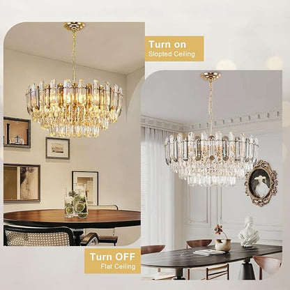 Gold Crystal Chandelier 24" 12-Light 4-Tier K9 Crystal Round Adjustable Pendant Light Modern Crystal Chandeliers for Dining Room Living Room Kitchen Island Bedroom Foyer Entryway